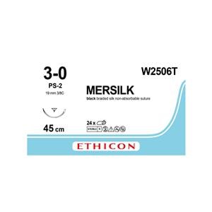 Mersilk Sutures Black Coated 45cm 3-0 3/8 Circle PRIME Conventional Cutting PS-2 19mm W2506T 24pk