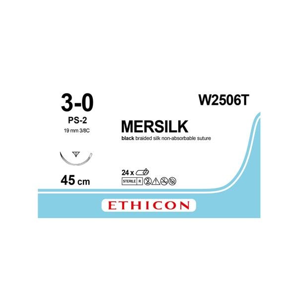 Mersilk Sutures Black Coated 45cm 3-0 3/8 Circle PRIME Conventional Cutting PS-2 19mm W2506T 24pk