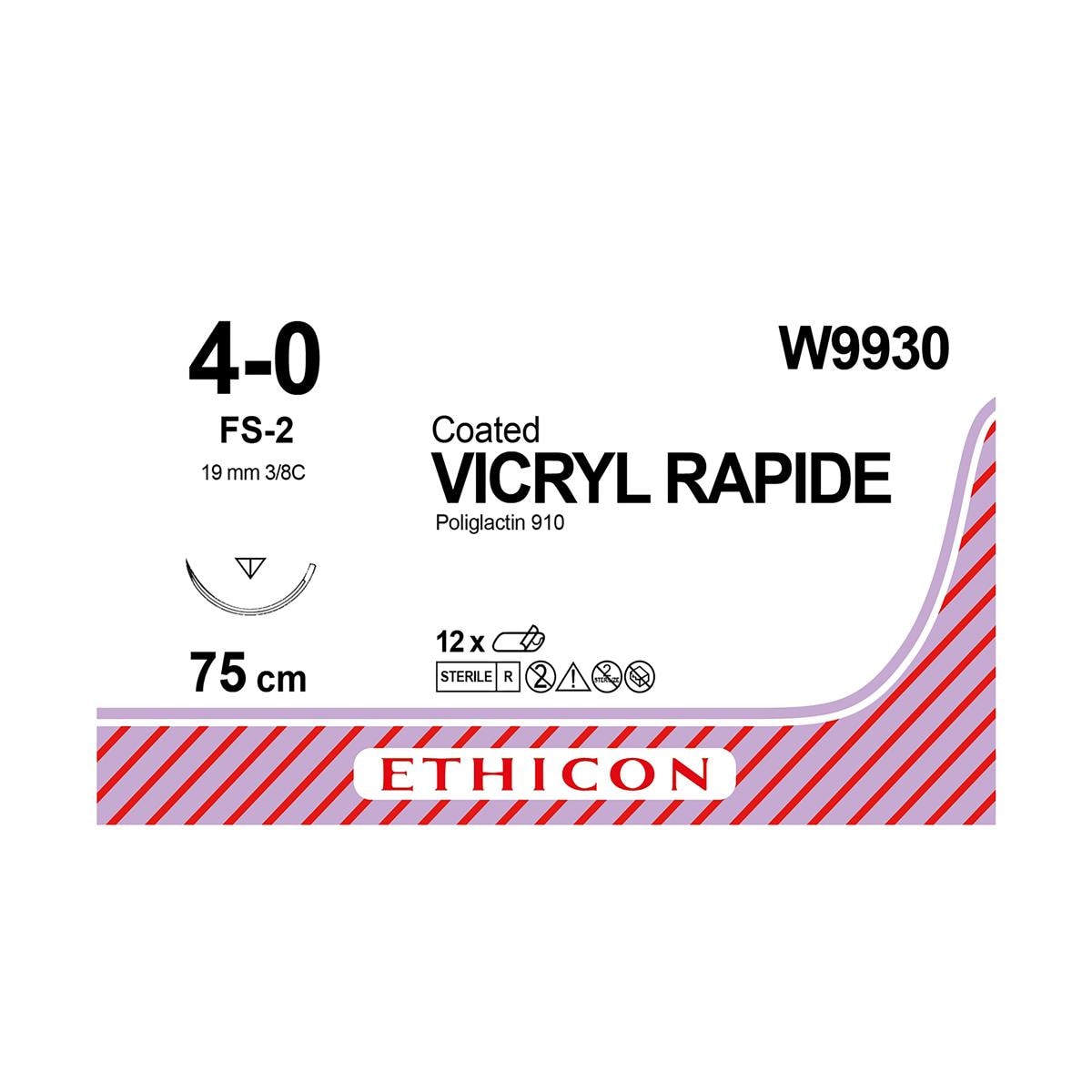 Vicryl Rapide Sutures Undyed Coated 75cm 4-0 3/8 Circle Reverse Cutting PS-2 19mm W9930 12pk