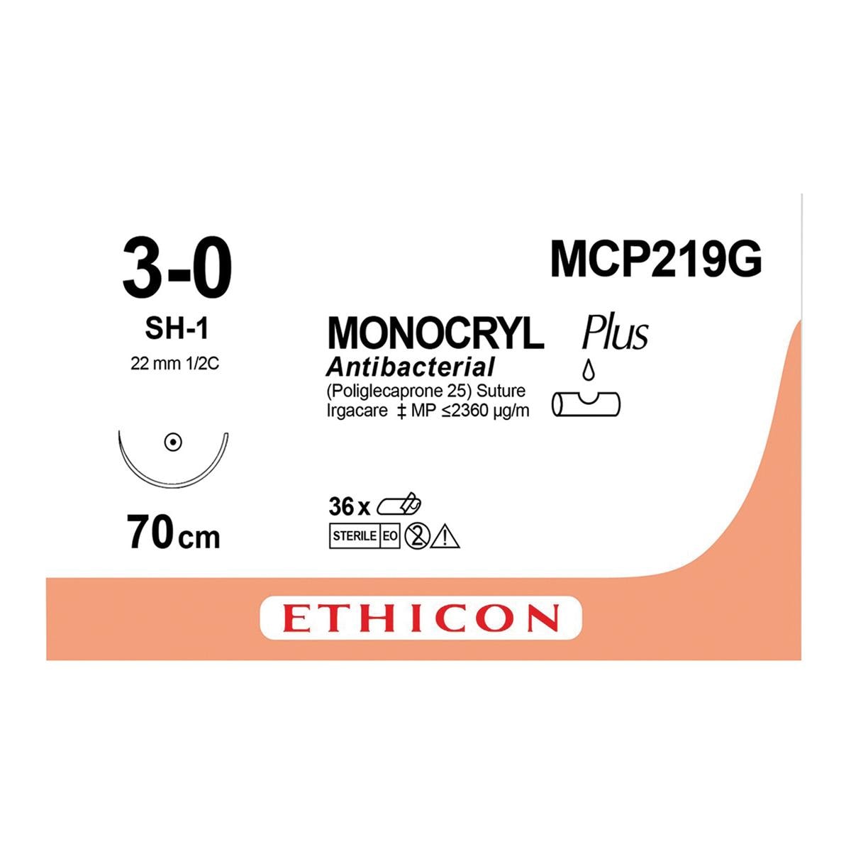 MONOCRYL Plus Sutures Violet Uncoated 70cm 3-0 1/2 Circle Taper Point SH-1 22mm MCP219G 12pk