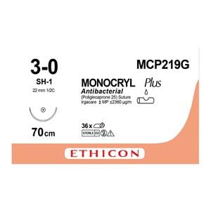 MONOCRYL Plus Sutures Violet Uncoated 70cm 3-0 1/2 Circle Taper Point SH-1 22mm MCP219G 12pk