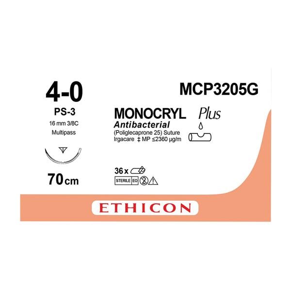 MONOCRYL Plus Sutures Undyed Uncoated 70cm 4-0 3/8 Circle PRIME Reverse Cut PS-3 16mm MCP3205G 12pk