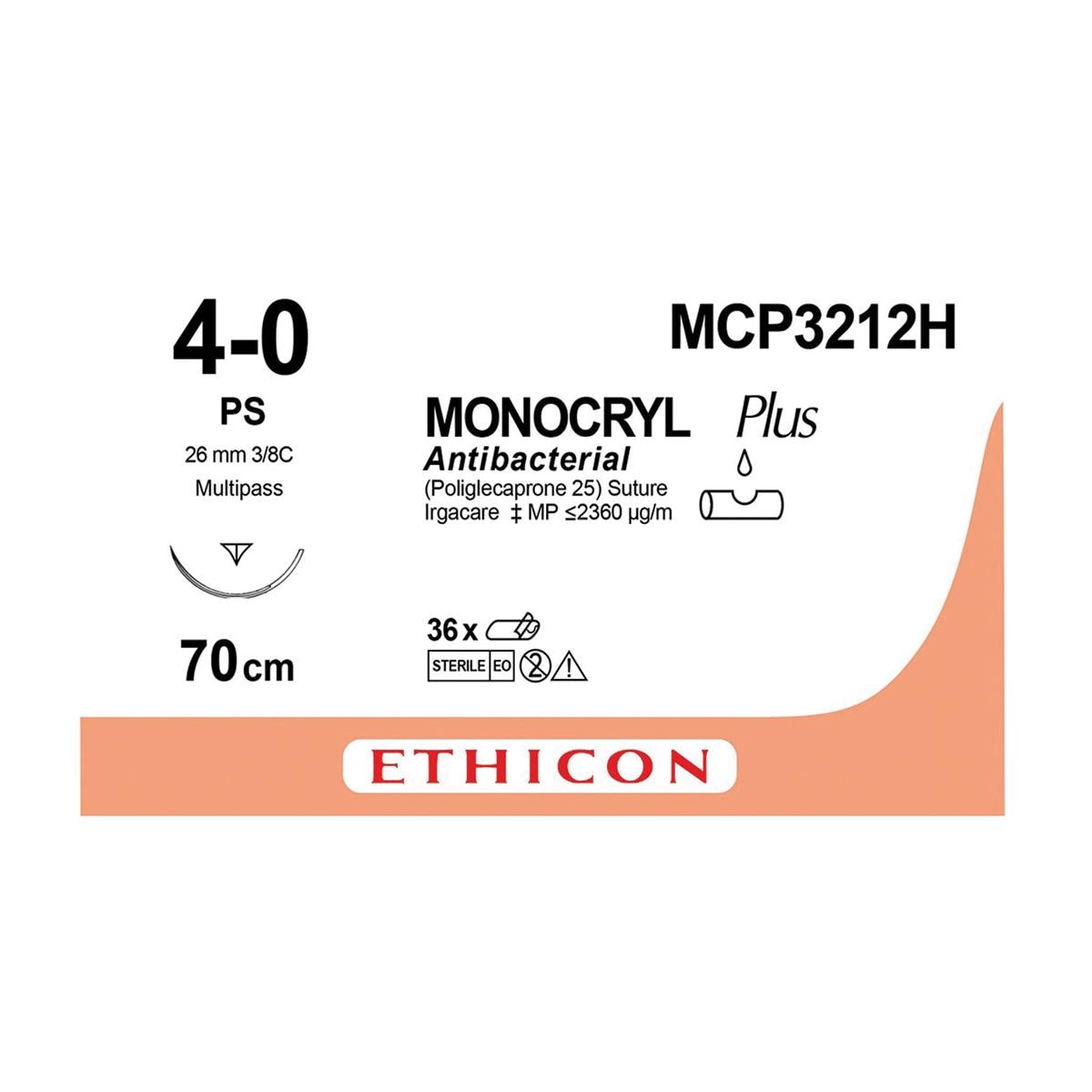 MONOCRYL Plus Sutures Undyed Uncoated 70cm 4-0 3/8 Circle PRIME Reverse Cut PSP 26mm MCP3212H 36pk