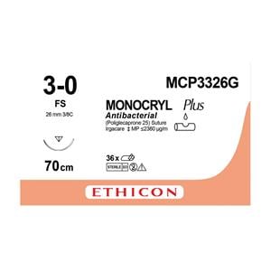 MONOCRYL Plus Sutures Undyed Uncoated 70cm 3-0 3/8 Circle Reverse Cutting FS 36mm MCP3326G 12pk