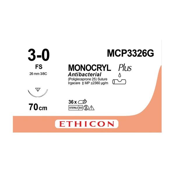 MONOCRYL Plus Sutures Undyed Uncoated 70cm 3-0 3/8 Circle Reverse Cutting FS 36mm MCP3326G 12pk