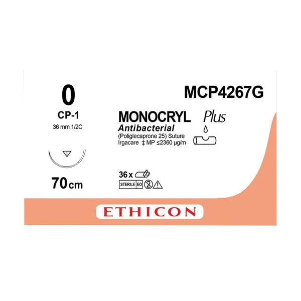 MONOCRYL Plus Sutures Violet Uncoated 70cm 0 1/2 Circle Reverse Cutting CP-1 36mm MCP4267G 12pk