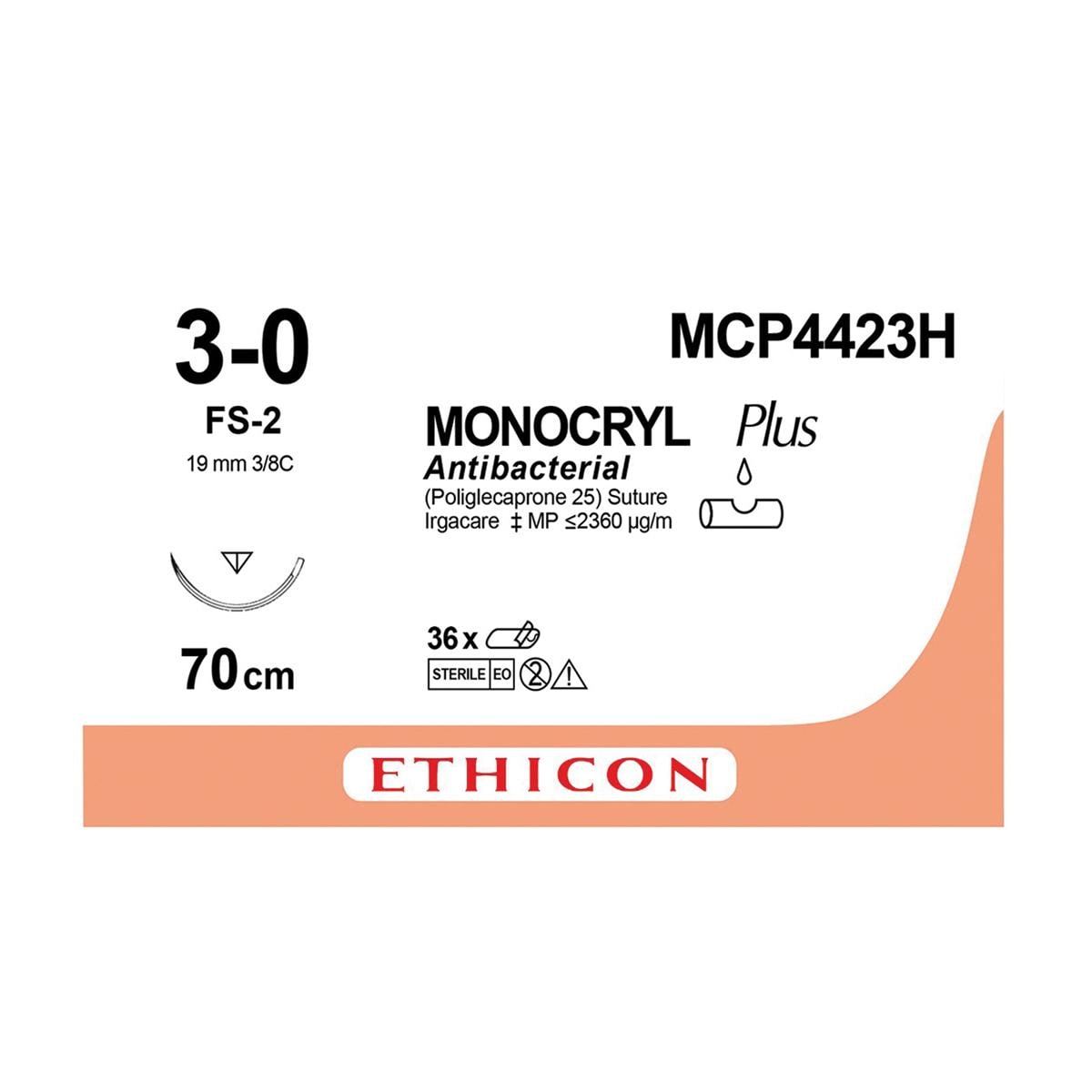 MONOCRYL Plus Sutures Undyed Uncoated 70cm 3-0 3/8 Circle Reverse Cutting FS-2 19mm MCP4423H 12pk