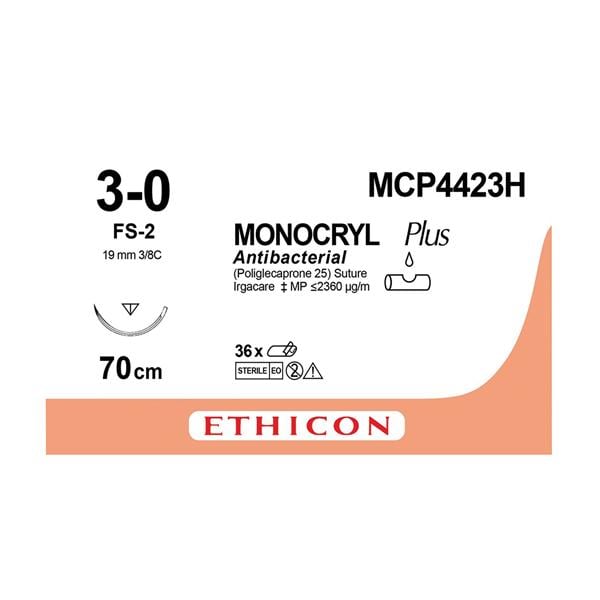 MONOCRYL Plus Sutures Undyed Uncoated 70cm 3-0 3/8 Circle Reverse Cutting FS-2 19mm MCP4423H 12pk