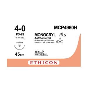 MONOCRYL Plus Sutures Undyed Uncoated 45cm 4-0 3/8 Circle PRIME Reverse Cut PS-2 19mm MCP496H 36pk