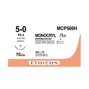 MONOCRYL Plus Sutures Undyed Uncoated 70cm 5-0 3/8 Circle PRIME Reverse Cut PS-3 16mm MCP500H 36pk