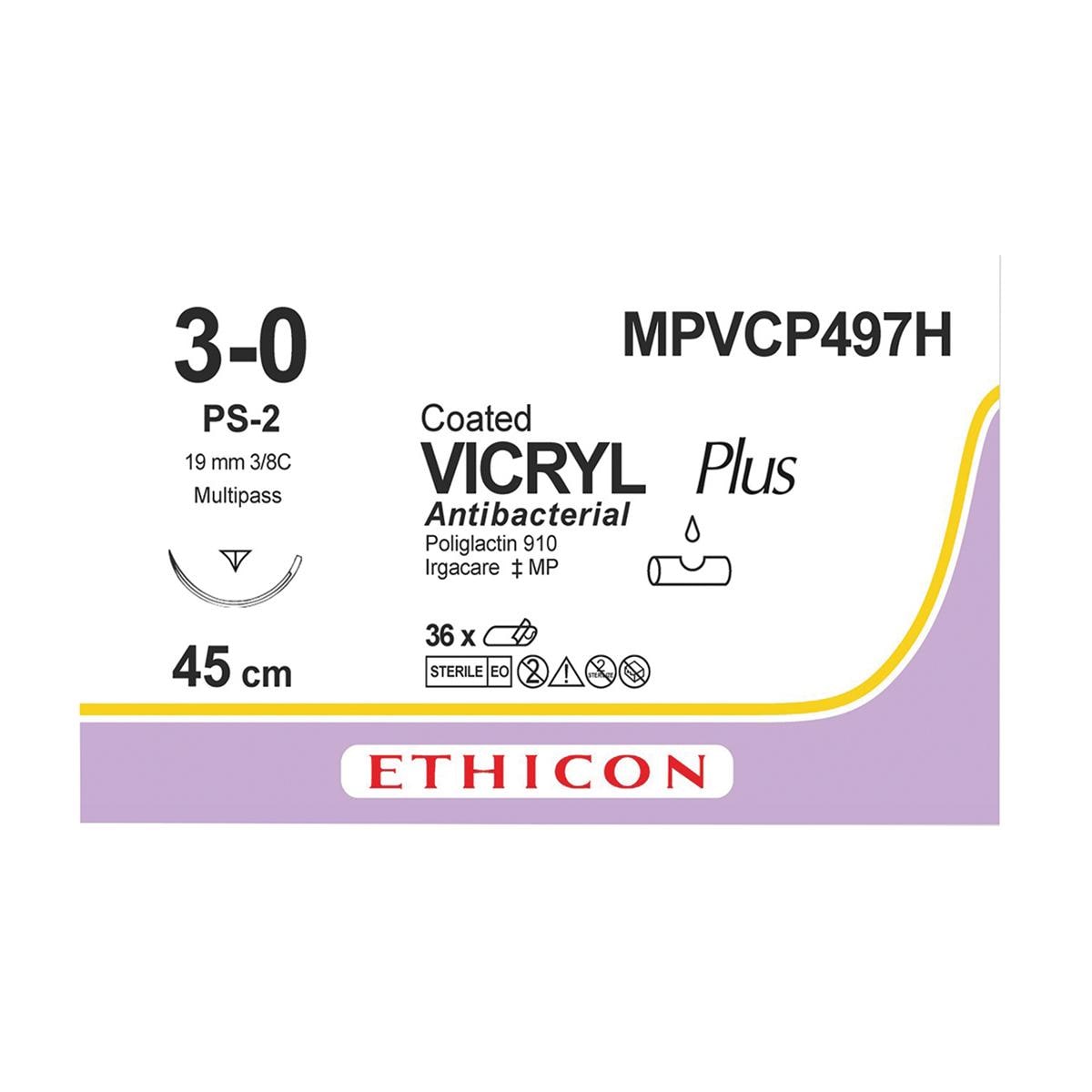 VICRYL Plus Sutures Undyed Coated 45cm 3-0 3/8 Circle Reverse Cutting PS-2 19mm MPVCP497H 36pk