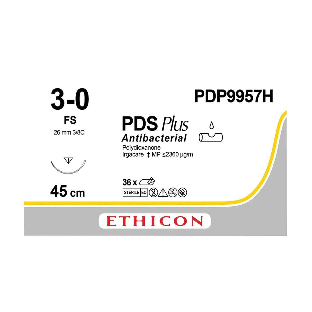 PDS Plus Sutures Undyed Uncoated 45cm 3-0 3/8 Circle Reverse Cutting FS 26mm PDP9957H 36pk