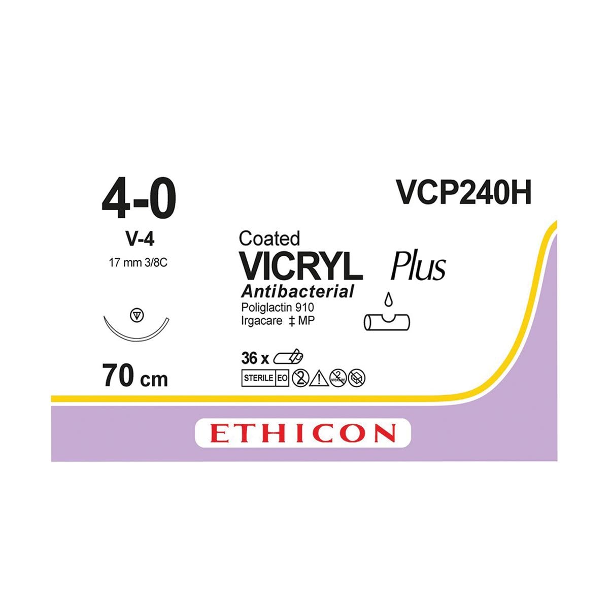 VICRYL Plus Sutures Undyed Coated 70cm 4-0 3/8 Circle Taper Cut V-4 17mm VCP240H 36pk