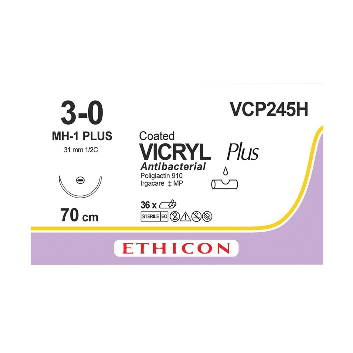 VICRYL Plus Sutures Violet Coated 70cm 3-0 1/2 Circle Taper Point Plus MH-1 31mm VCP245H 36pk