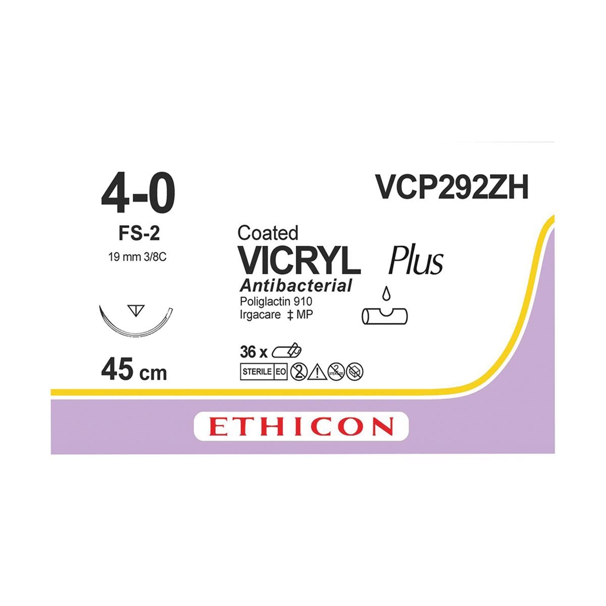 VICRYL Plus Sutures Undyed Coated 45cm 4-0 3/8 Circle Reverse Cutting FS-2 19mm VCP292ZH 36pk