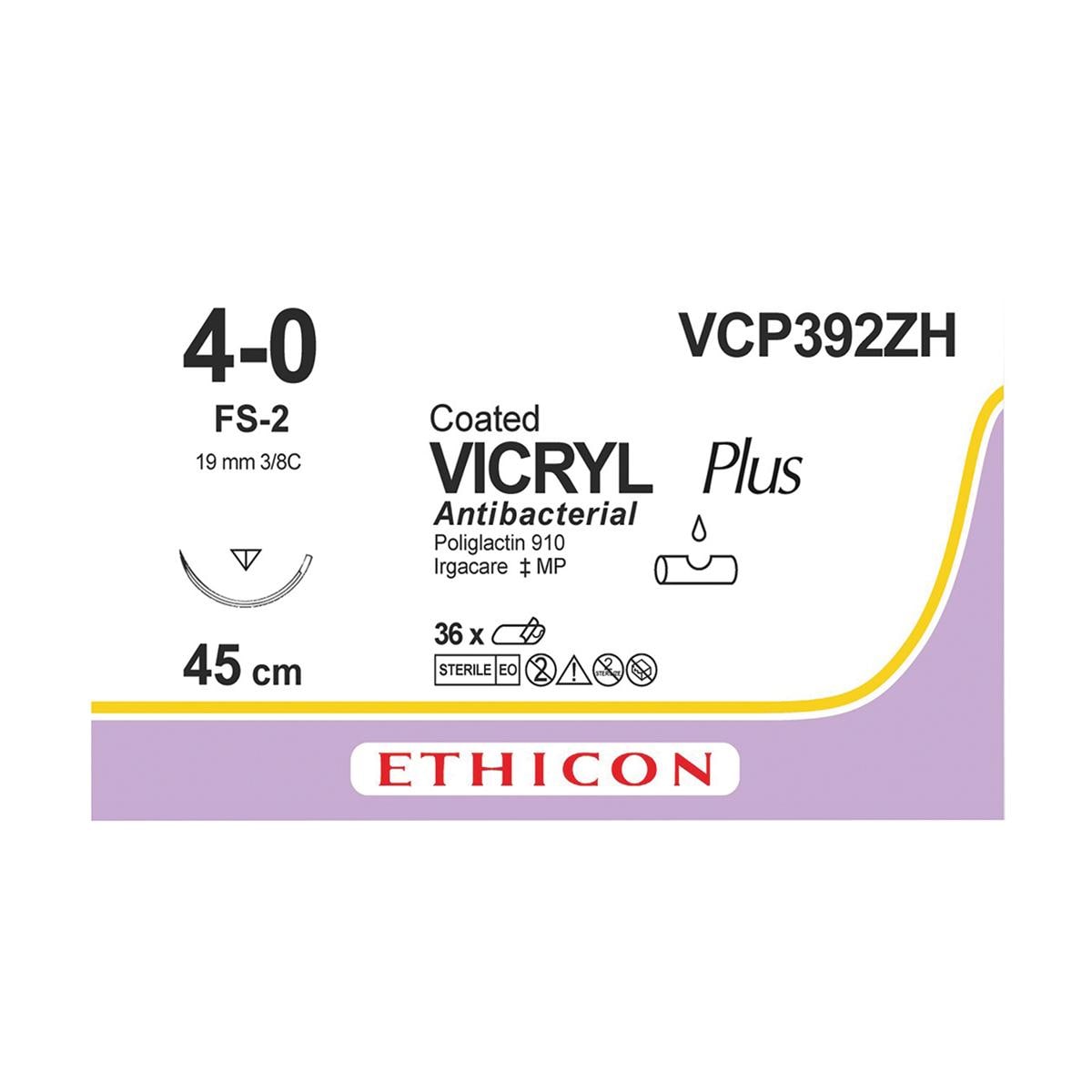 VICRYL Plus Sutures Violet Coated 45cm 4-0 3/8 Circle Reverse Cutting FS-2 19mm VCP392ZH 36pk