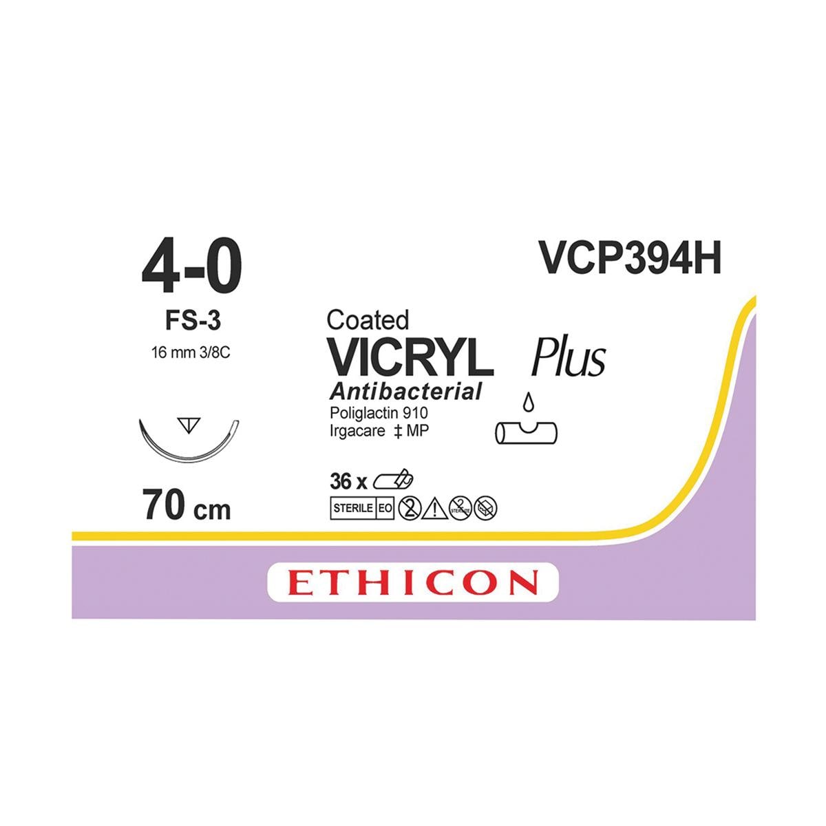 VICRYL Plus Sutures Violet Coated 70cm 4-0 3/8 Circle Reverse Cutting FS-3 16mm VCP394H 36pk