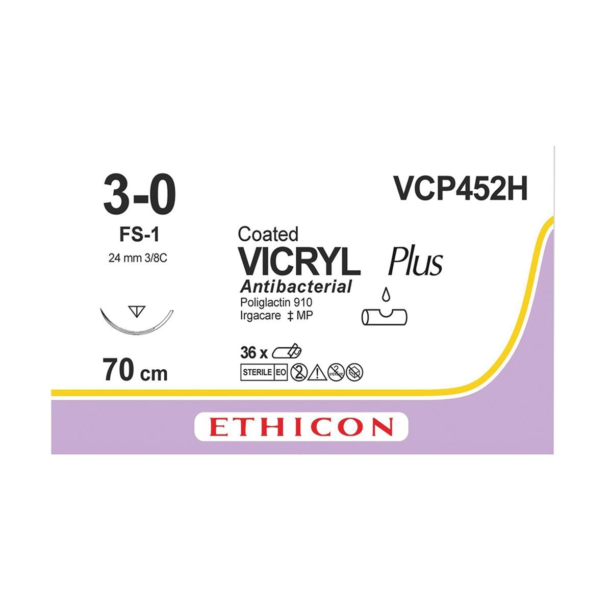 VICRYL Plus Sutures Violet Coated 70cm 3-0 3/8 Circle Reverse Cutting FS-1 24mm VCP452H 36pk