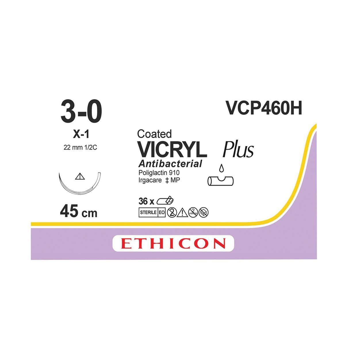 VICRYL Plus Sutures Violet Coated 45cm 3-0 1/2 Circle Conventional Cutting X-1 22mm VCP460H 36pk