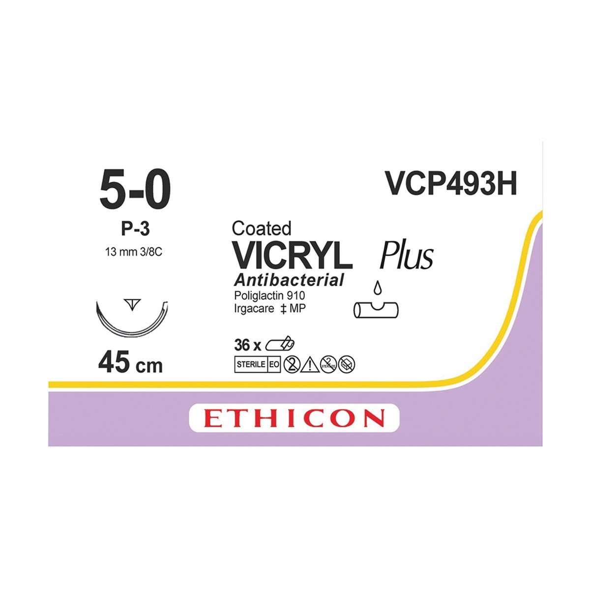 VICRYL Plus Sutures Undyed Coated 45cm 5-0 3/8 Circle PRIME Reverse Cutting P-3 13mm VCP493H 36pk