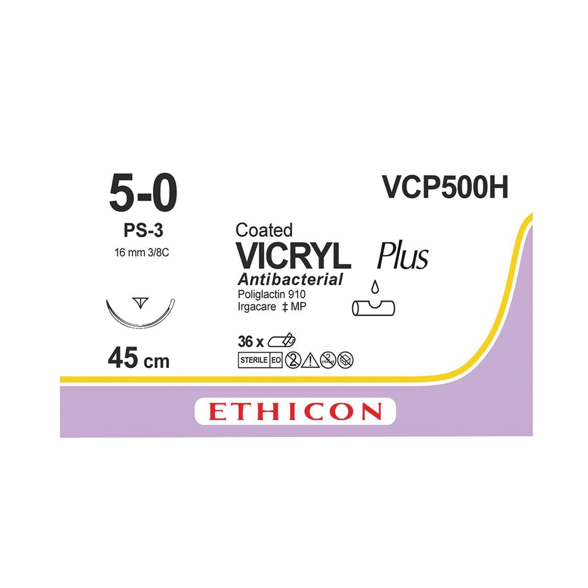 VICRYL Plus Sutures Undyed Coated 45cm 5-0 3/8 Circle PRIME Reverse Cutting PS-3 16mm VCP500H 36pk