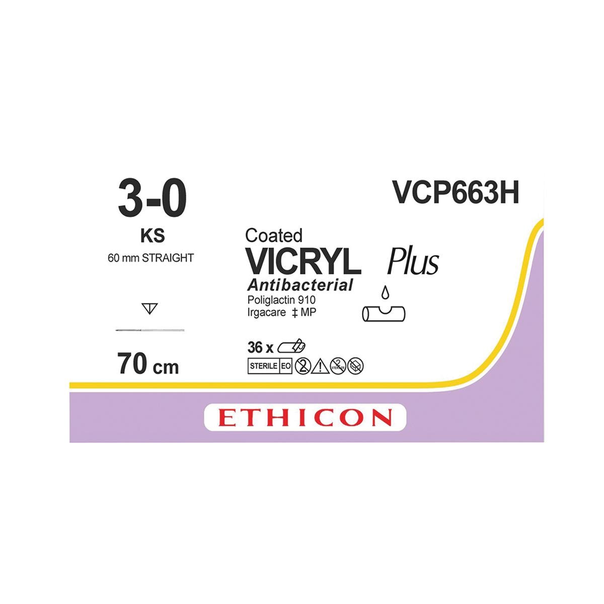 VICRYL Plus Sutures Undyed Coated 70cm 3-0 Straight Reverse Cutting KS 60mm VCP663H 36pk