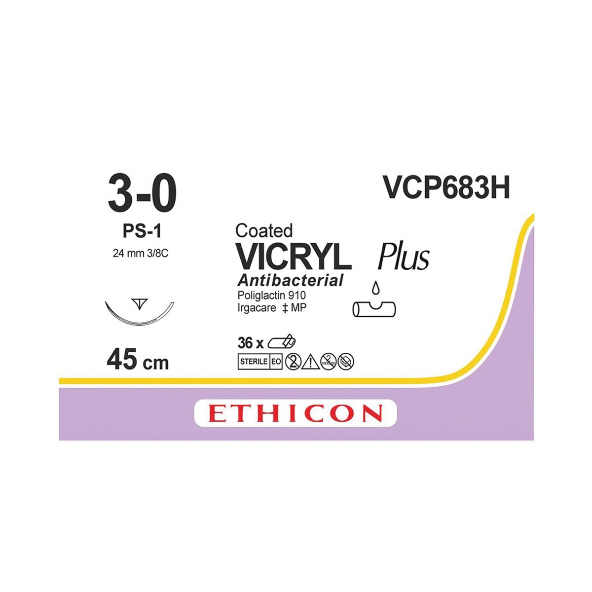 VICRYL Plus Sutures Undyed Coated 45cm 3-0 3/8 Circle PRIME Reverse Cutting PS-1 24mm VCP683H 36pk