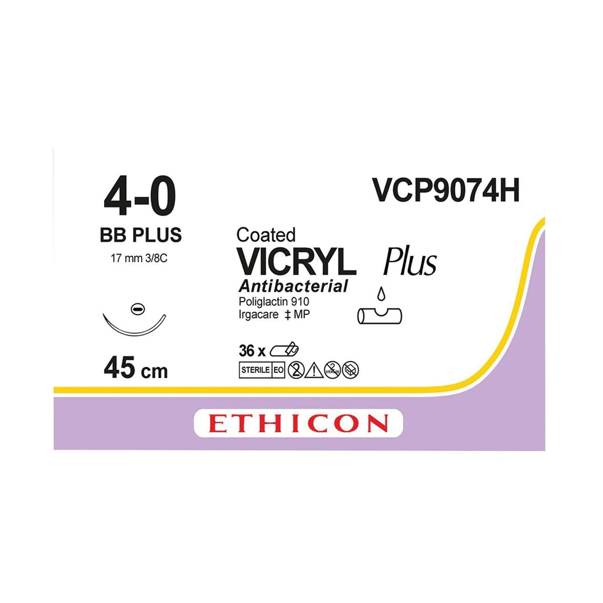 VICRYL Plus Sutures Violet Coated 45cm 4-0 3/8 Circle Taper Point Plus BB 17mm VCP9074H 36pk