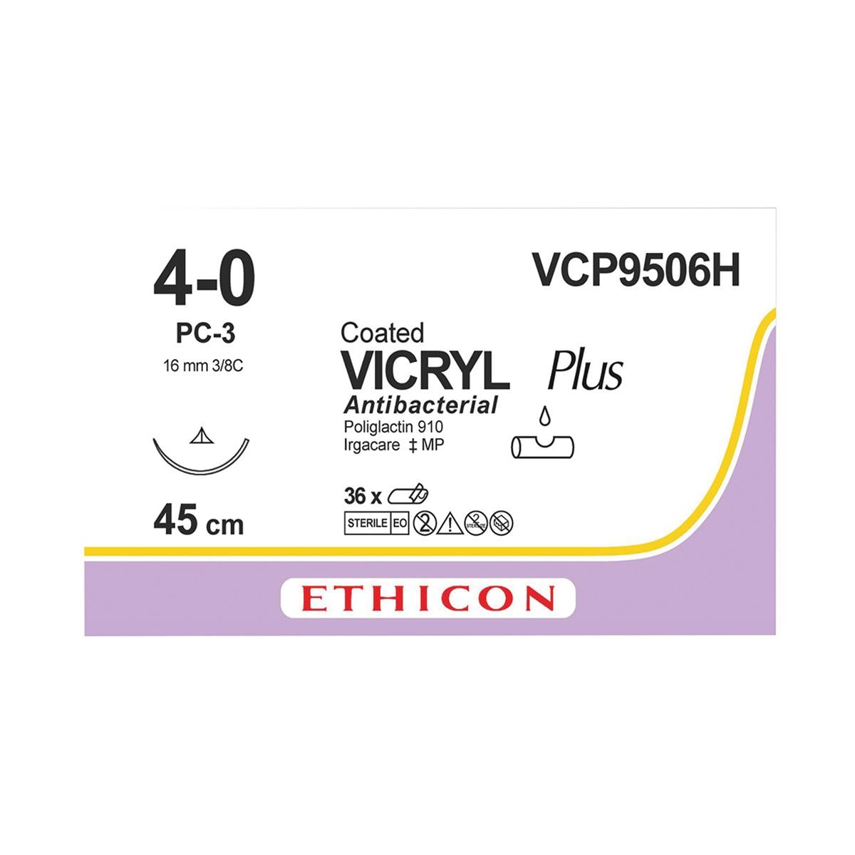 VICRYL Plus Sutures Undyed Coated 45cm 4-0 3/8 Circle Conventional Cutting PC-3 16mm VCP9506H 36pk